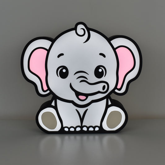 Elefant Nachtlicht beleuchtet – Frontansicht der leuchtenden LED-Lampe mit süßem Design für Kinderzimmer