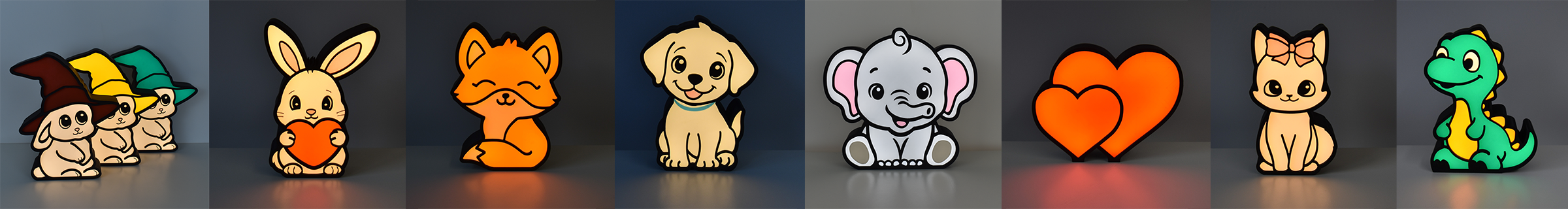 Niedliche LED-Nachtlichter, Nachttischlampen - Hase, Fuchs, Hund, Elefant, Herzen, Katze, Dino