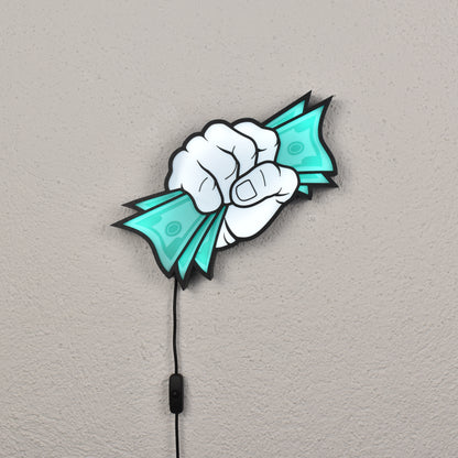 Grünes LED Leuchtschild mit Cartoon-Faust und Geld – Coole Wandlampe für Jugendzimmer oder Home Office