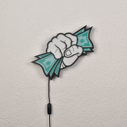 LED Wandlampe, ausgeschaltet – Motiv: Faust mit Dollar-Scheinen im Comic-Stil