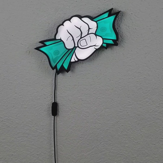 "Take My Money" LED Wandlampe, Weiße Faust mit grünen Geldscheinen, Comic Styl