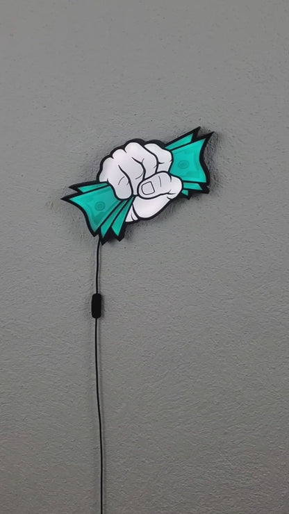 "Take My Money" LED Wandlampe, Weiße Faust mit grünen Geldscheinen, Comic Styl