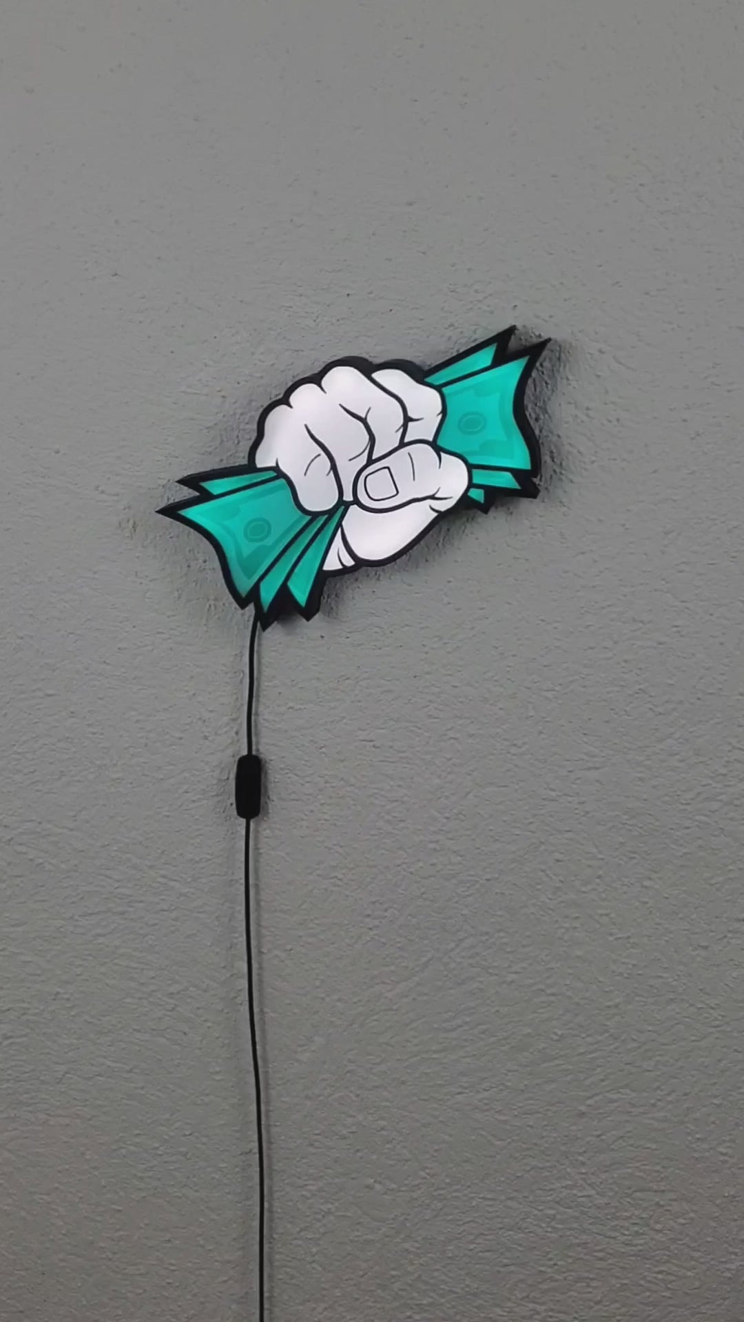 "Take My Money" LED Wandlampe, Weiße Faust mit grünen Geldscheinen, Comic Styl